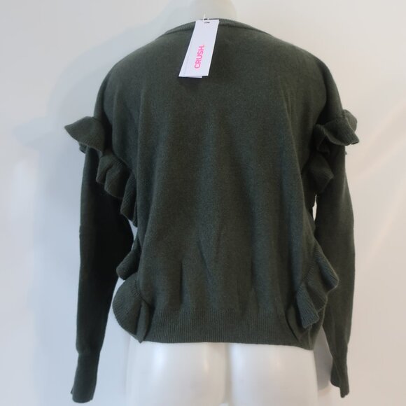 NWT Womens Crush Ribbed Durban Pure Cashmere Ruffle Khaki Green Sweater 1 US/S - Picture 9 of 13